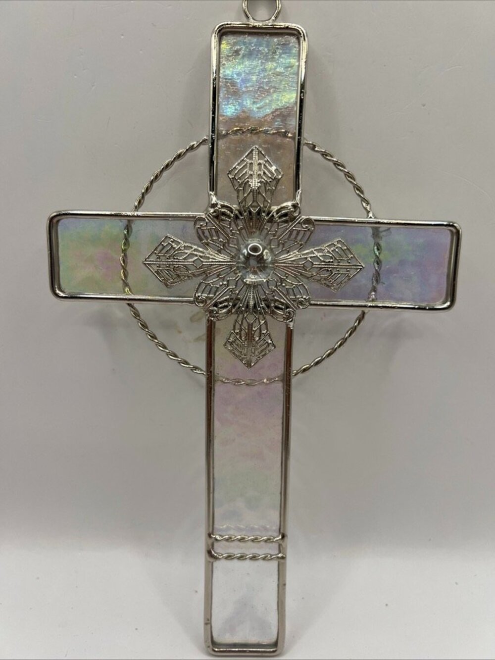 Vtg Stained Glass Cross Sun Catcher Pink Purple Iridescent Twisted Metal 9x5”